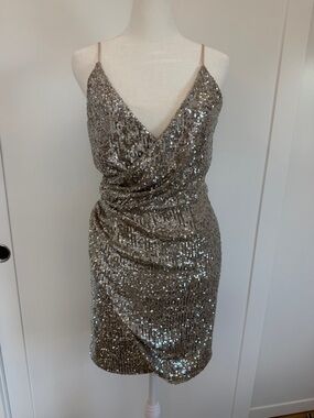 NWT - Gianni Bini Silver Sequin Draped V-Neck Slip Dress
